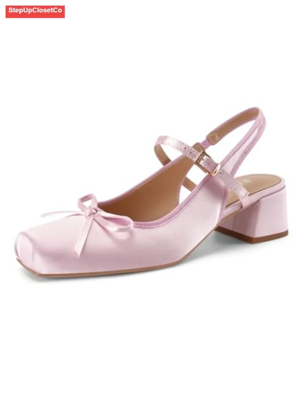 Pink Square Toe Slingback Heels Ballet Chunky Low Block Heel Pumps